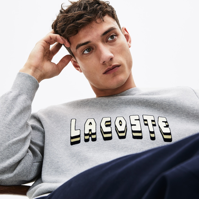 Suéteres Lacoste 3D-Lettering Crewneck Cotton Blend Hombre Grises | GG3-34433V0