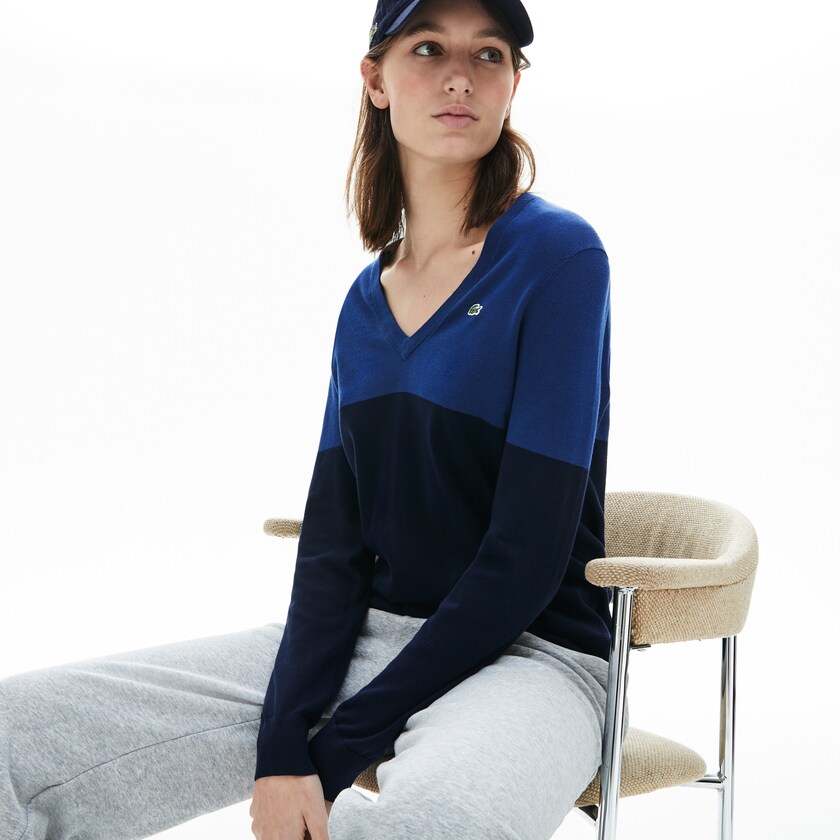 Suéteres Lacoste Colorblock Cotton V-neck Mujer Azul Marino Azules | WE8-62936B2