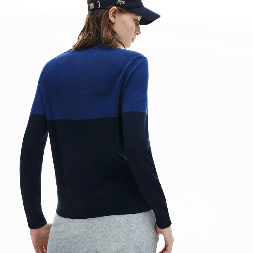 Suéteres Lacoste Colorblock Cotton V-neck Mujer Azul Marino Azules | WE8-62936B2