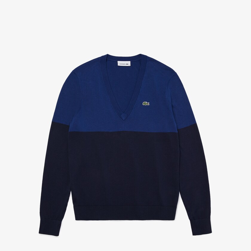 Suéteres Lacoste Colorblock Cotton V-neck Mujer Azul Marino Azules | WE8-62936B2