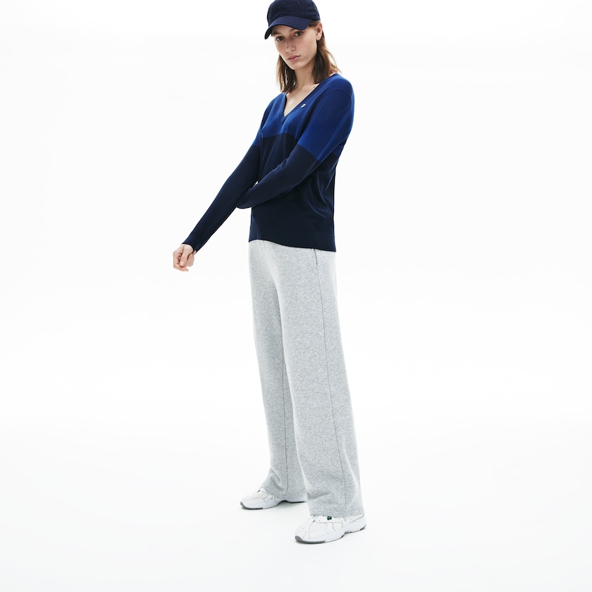 Suéteres Lacoste Colorblock Cotton V-neck Mujer Azul Marino Azules | WE8-62936B2