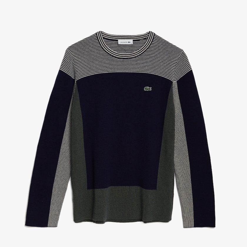 Suéteres Lacoste Colorblock Knit Crew Neck Mujer Azul Marino Azules Kaki Verdes Beige | HH6-98799C5