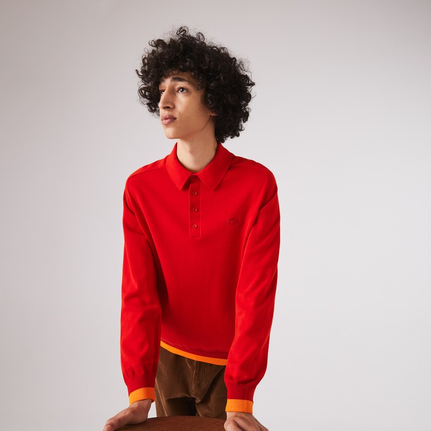 Suéteres Lacoste Contrast Striped Polo Collar Organic Cotton Hombre Rojos Rojos Oscuro Rojos | IO9-33903L9
