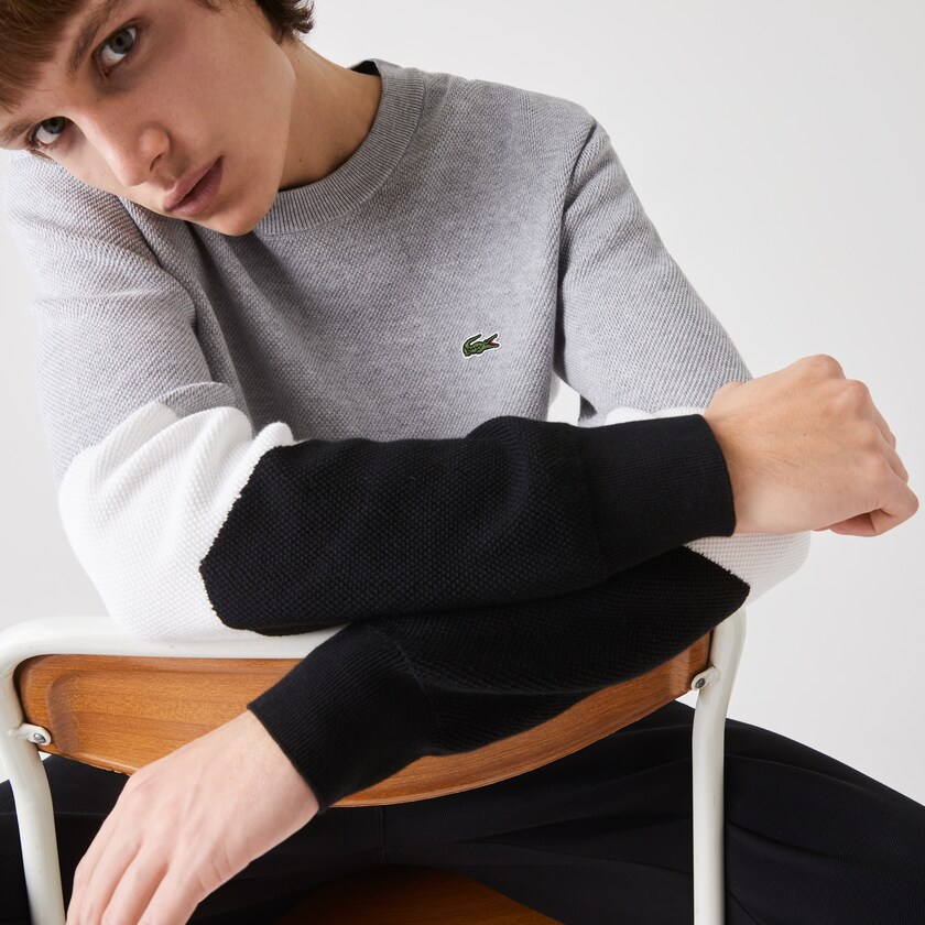 Suéteres Lacoste Crew Neck Colorblock Cotton Hombre Grises Blancos Negros | SZ1-11391S2