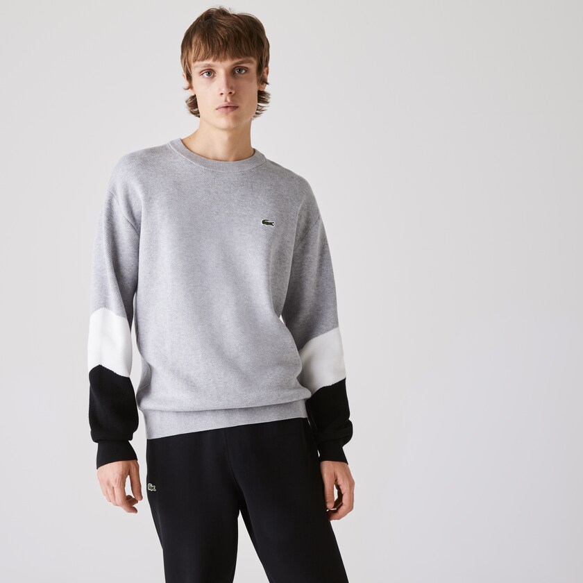 Suéteres Lacoste Crew Neck Colorblock Cotton Hombre Grises Blancos Negros | SZ1-11391S2