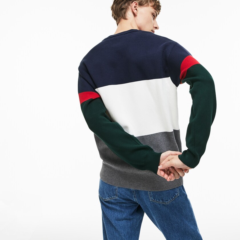 Suéteres Lacoste Crew Neck Colorblock Flat Ribbed Cotton Hombre Grises Blancos Azules Rojos Verdes | SD9-25772B8