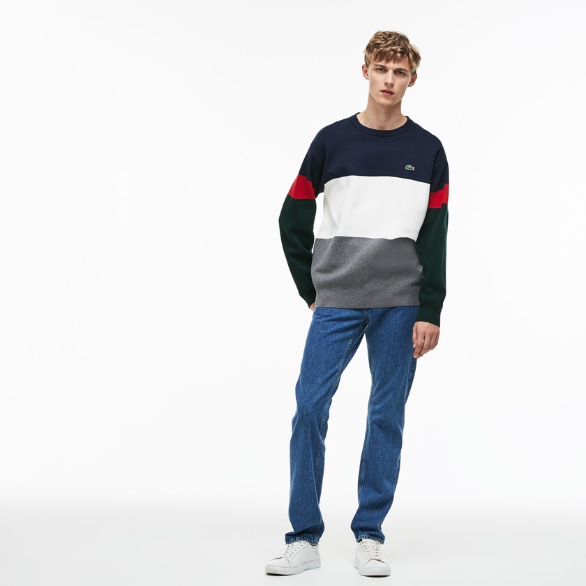 Suéteres Lacoste Crew Neck Colorblock Flat Ribbed Cotton Hombre Grises Blancos Azules Rojos Verdes | SD9-25772B8