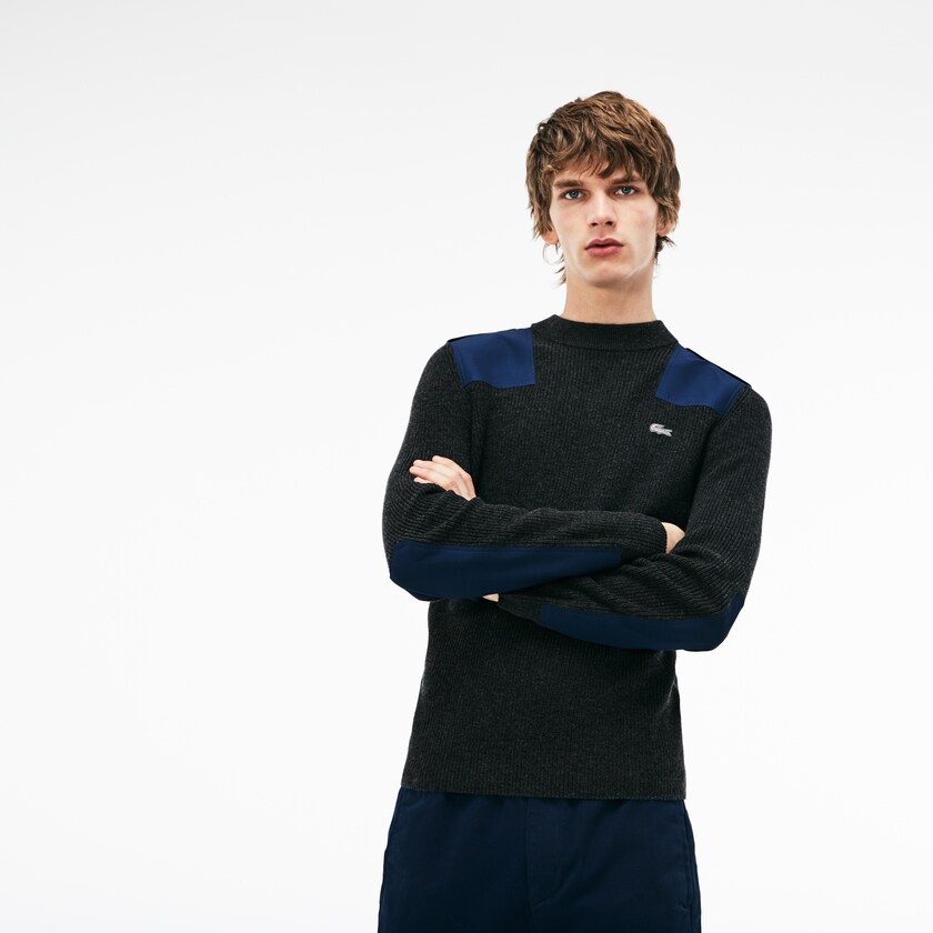 Suéteres Lacoste Crew Neck Colorblock Ribbed Wool And Cotton Hombre Grises Azul Marino Azules | DR6-96219H4
