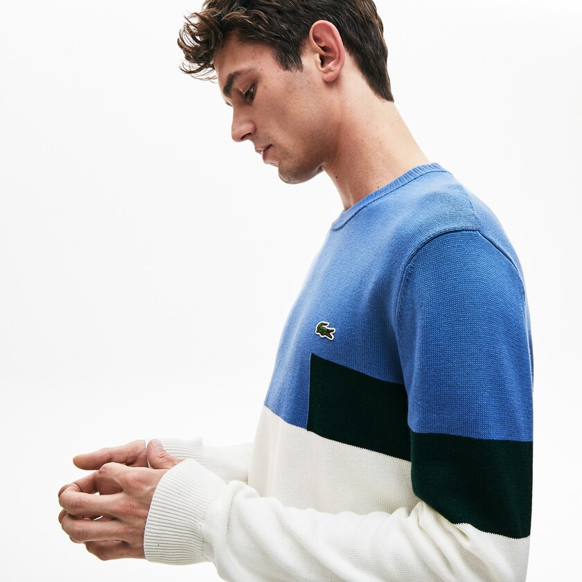 Suéteres Lacoste Crew Neck Colorblock Wool And Cotton Blend Hombre Blancos Azules Verdes | QL4-46934F7