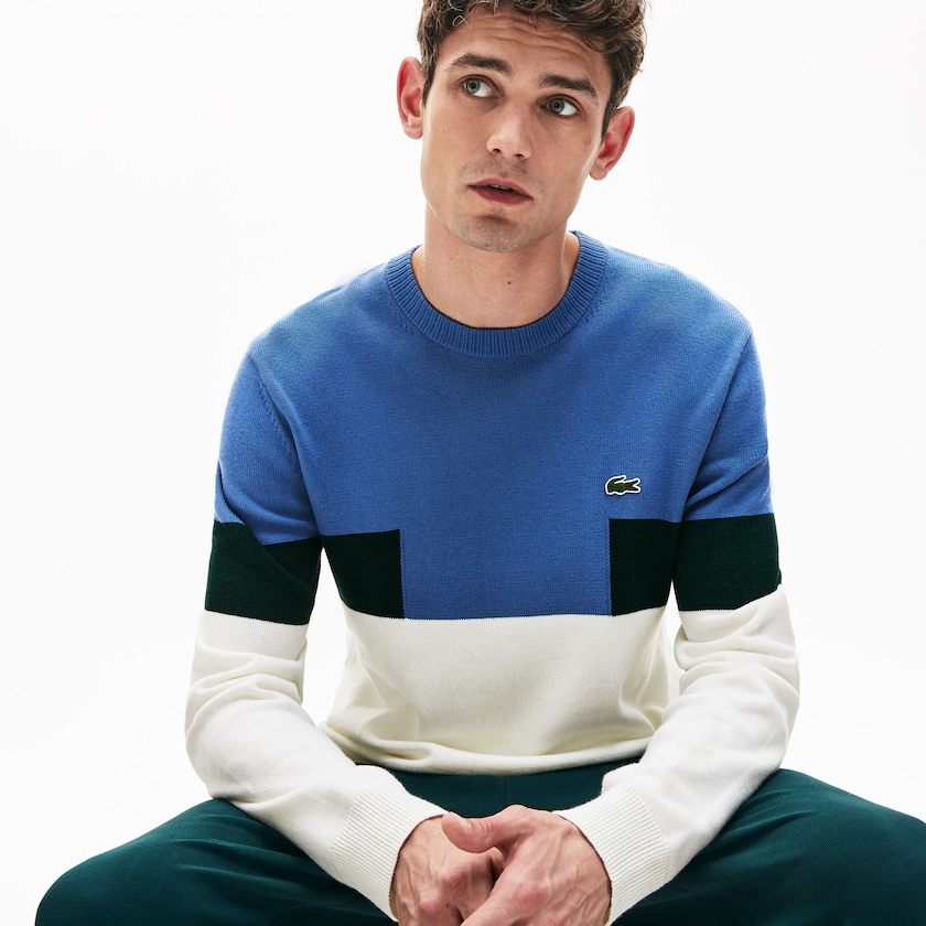 Suéteres Lacoste Crew Neck Colorblock Wool And Cotton Blend Hombre Blancos Azules Verdes | QL4-46934F7