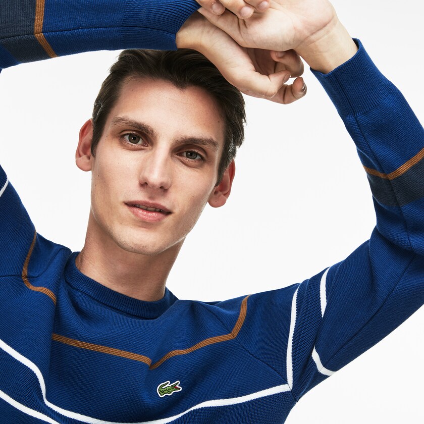 Suéteres Lacoste Crew Neck Multicolor Striped Milano Cotton Hombre Azul Marino Azules Azules Marrom Blancos | NF5-48754R2