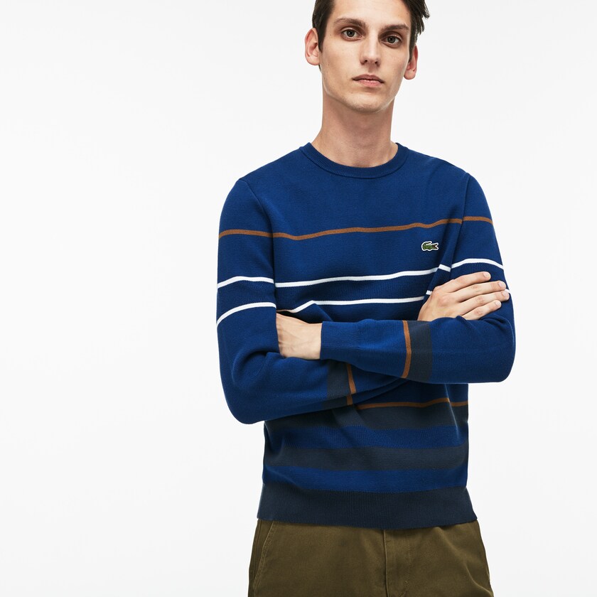 Suéteres Lacoste Crew Neck Multicolor Striped Milano Cotton Hombre Azul Marino Azules Azules Marrom Blancos | NF5-48754R2
