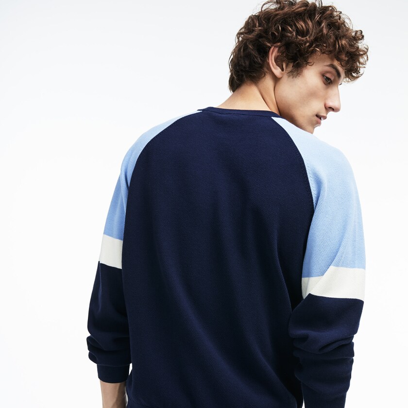 Suéteres Lacoste Crew Neck Raglan Sleeved Hombre Azul Marino Azules Blancos Azules Claro | CG4-77027H7