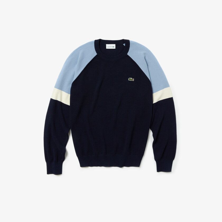 Suéteres Lacoste Crew Neck Raglan Sleeved Hombre Azul Marino Azules Blancos Azules Claro | CG4-77027H7