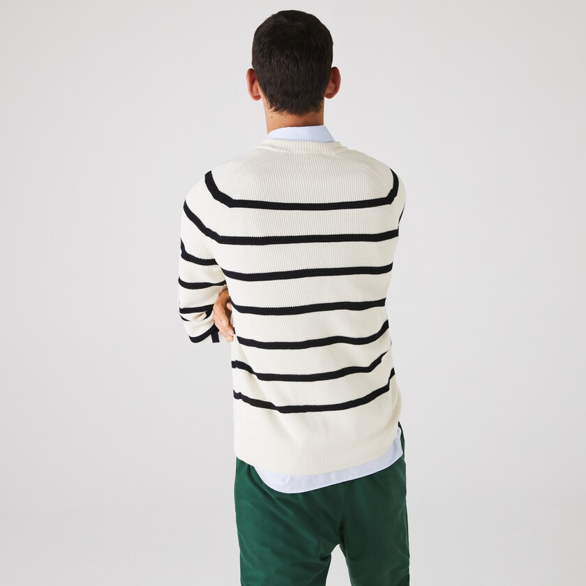 Suéteres Lacoste Crew Neck Striped Ribbed Wool Hombre Blancos Azul Marino Azules | UC3-20792U5