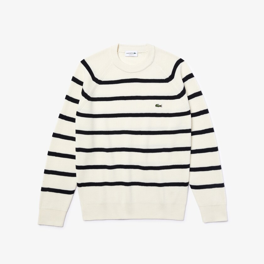 Suéteres Lacoste Crew Neck Striped Ribbed Wool Hombre Blancos Azul Marino Azules | UC3-20792U5