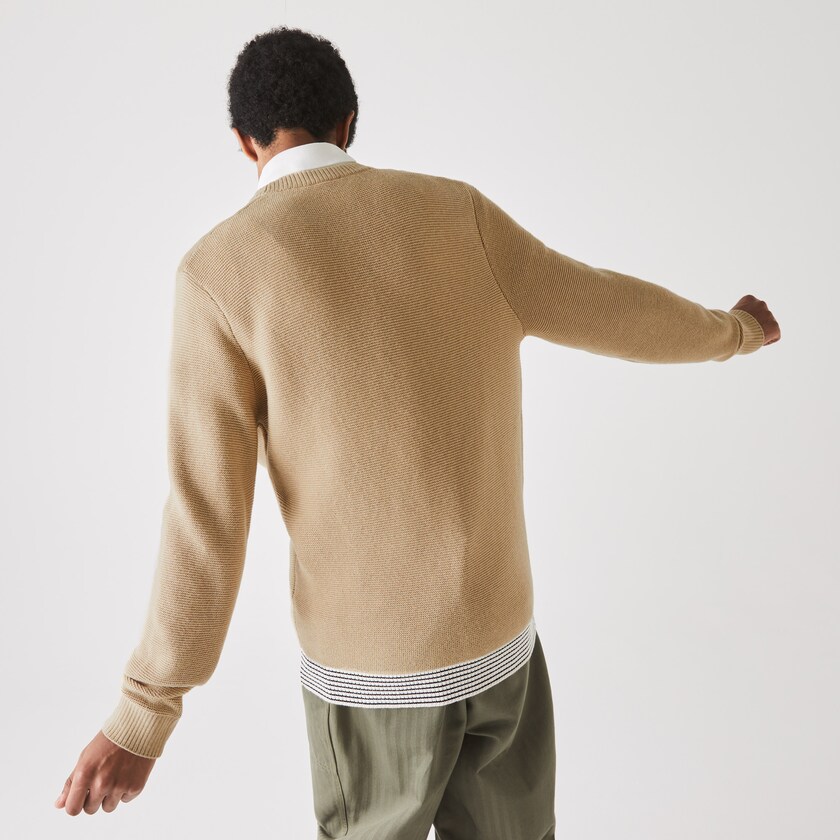 Suéteres Lacoste Crew Neck Textured Wool And Cotton Hombre Beige Blancos Azul Marino Azules | OK0-42104R5