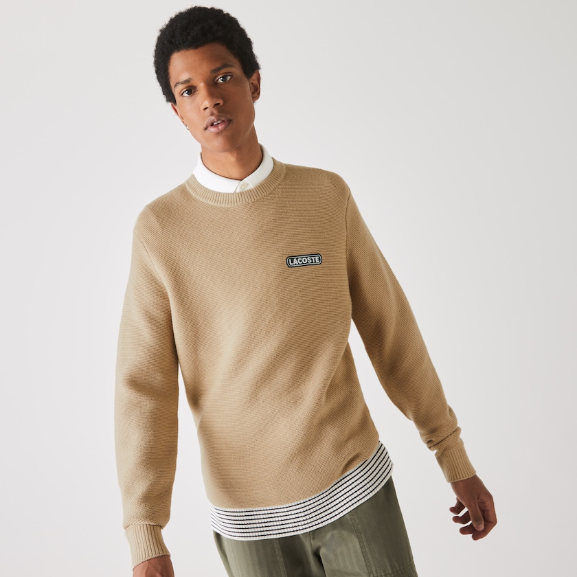 Suéteres Lacoste Crew Neck Textured Wool And Cotton Hombre Beige Blancos Azul Marino Azules | OK0-42104R5