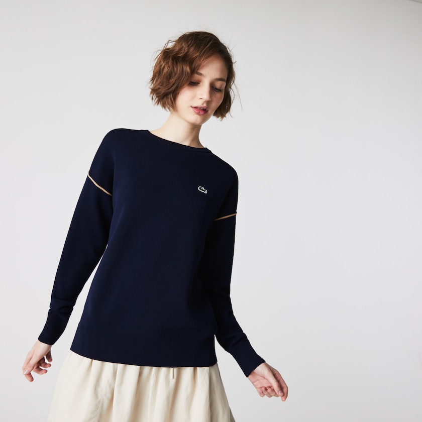 Suéteres Lacoste Crewneck Cotton Mujer Azul Marino Azules Beige | IP4-53735Y6