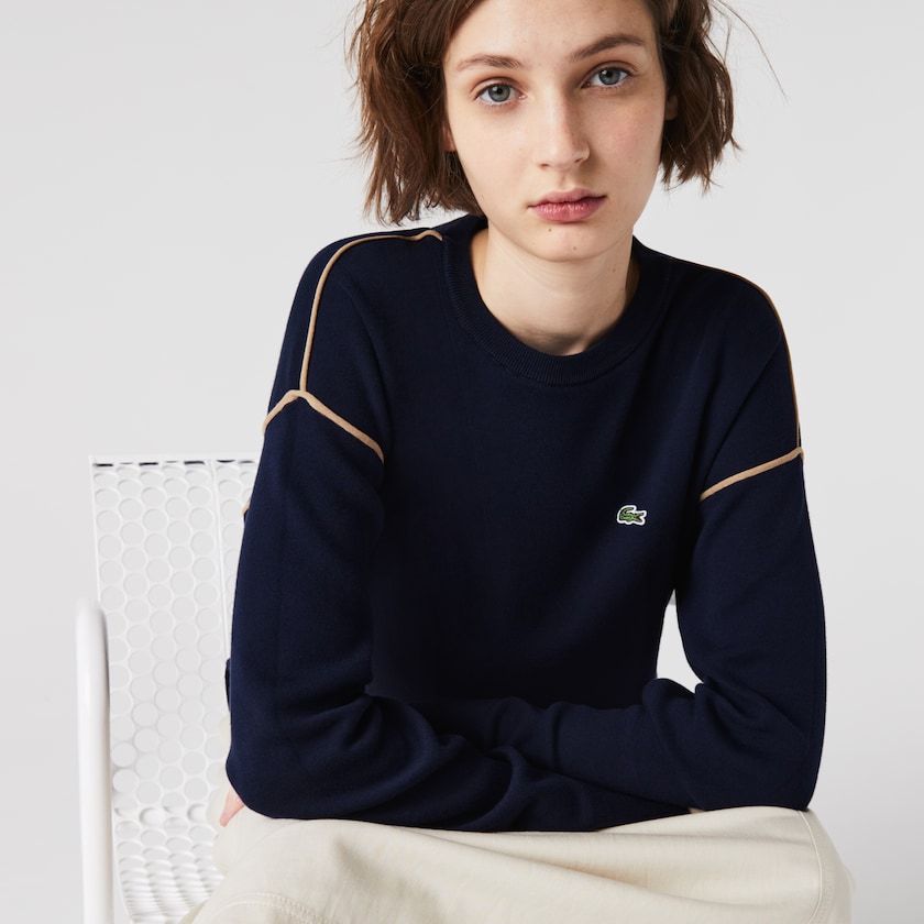 Suéteres Lacoste Crewneck Cotton Mujer Azul Marino Azules Beige | IP4-53735Y6