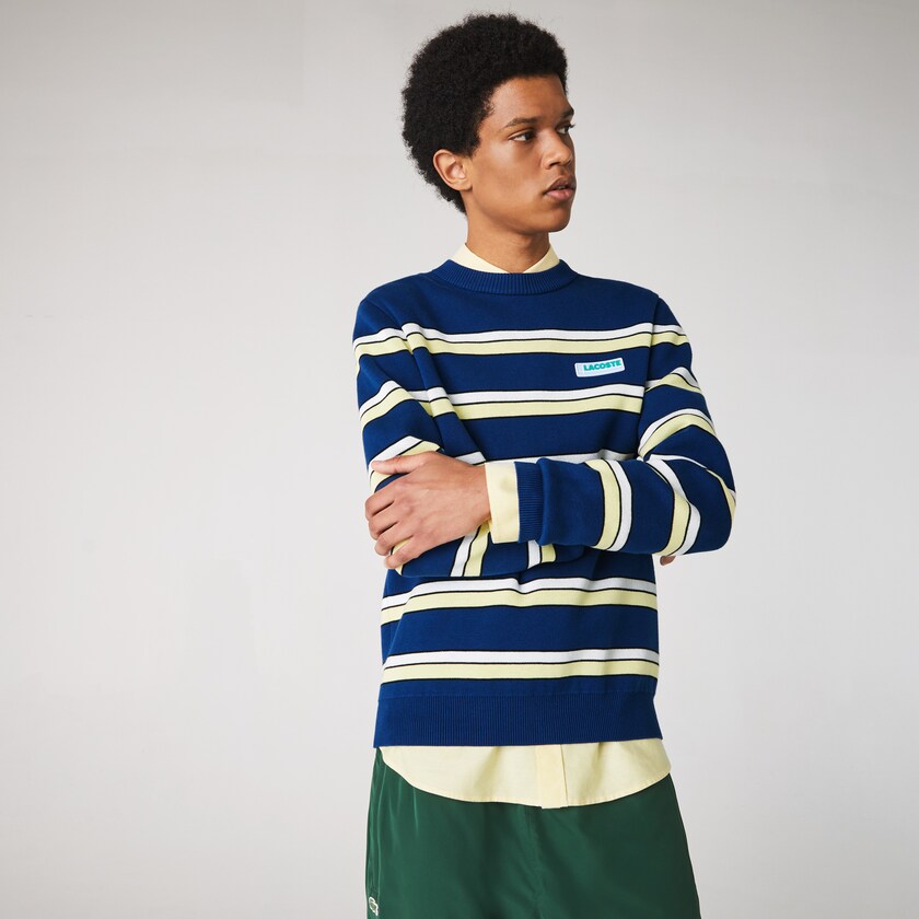 Suéteres Lacoste LIVE Striped Cotton Crew Neck Hombre Azules Blancos | MN0-33013X1