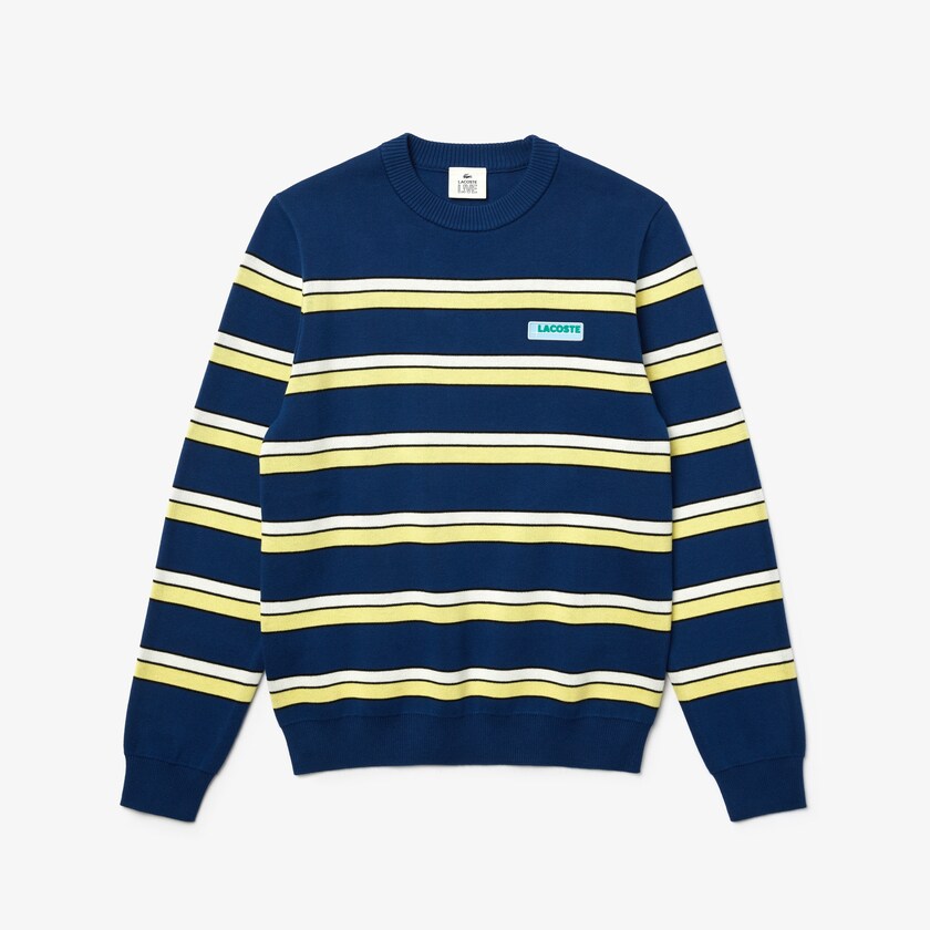 Suéteres Lacoste LIVE Striped Cotton Crew Neck Hombre Azules Blancos | MN0-33013X1