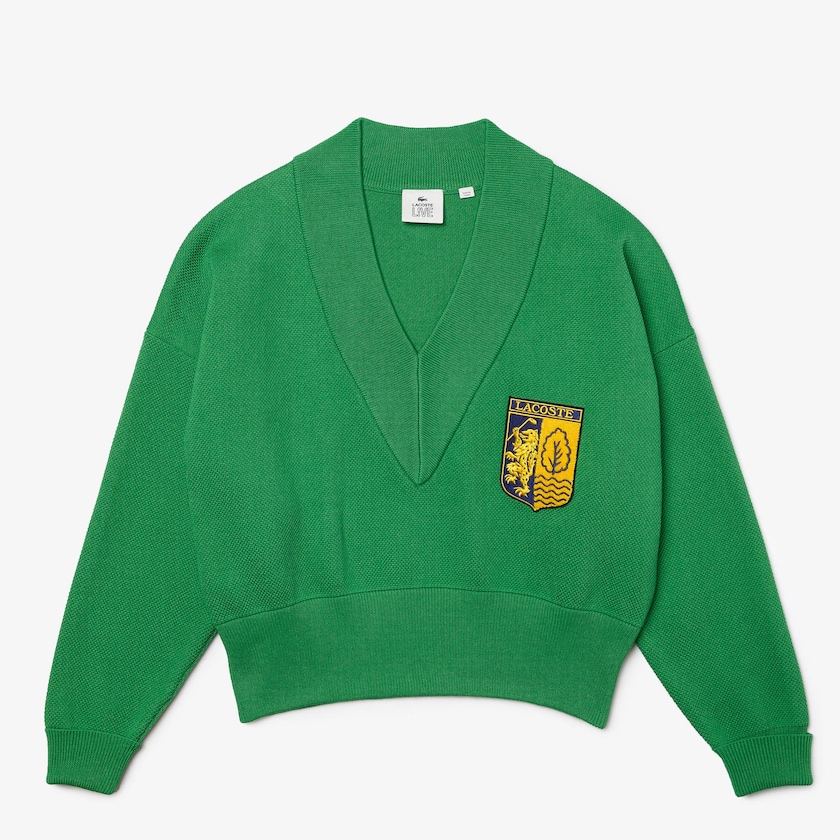 Suéteres Lacoste LIVE V-Neck Emblem Mujer Verdes | EK6-97349B8