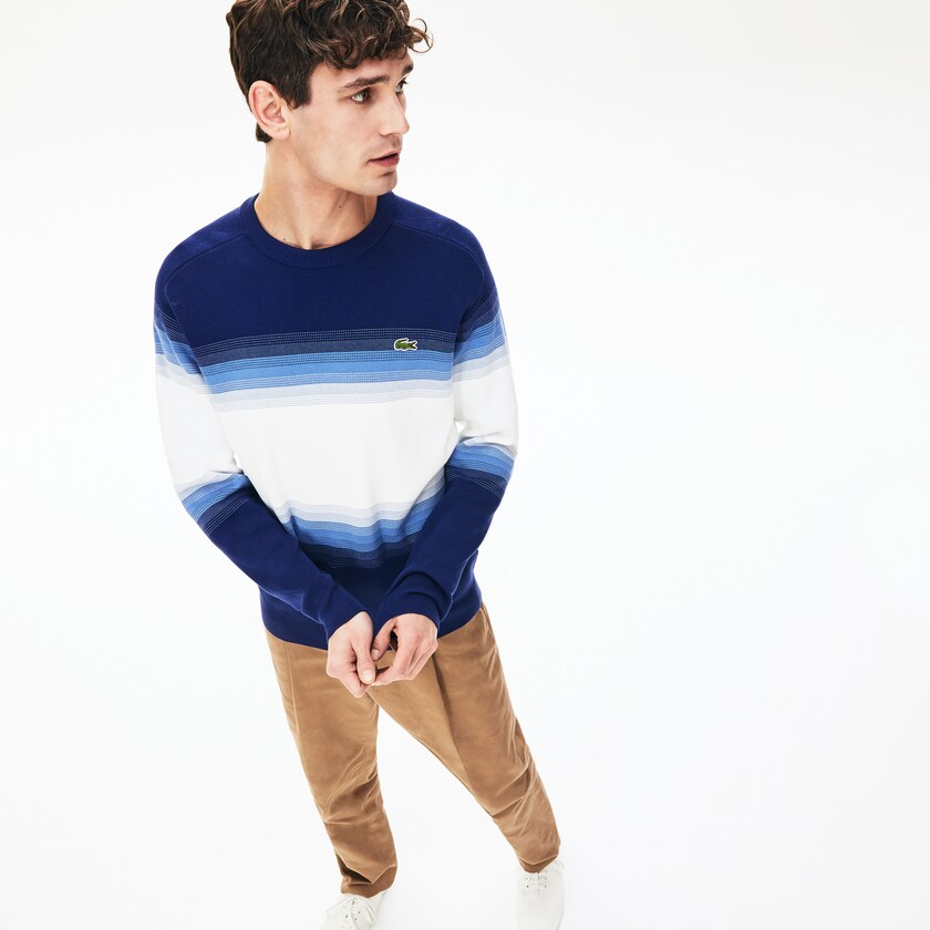 Suéteres Lacoste Made In France Degraded Cotton Crew Neck Hombre Azul Marino Azules Azules Blancos | PK7-27802D1