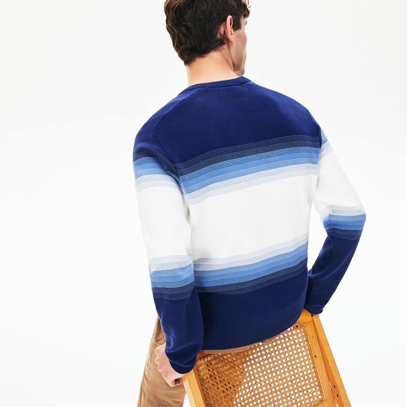 Suéteres Lacoste Made In France Degraded Cotton Crew Neck Hombre Azul Marino Azules Azules Blancos | PK7-27802D1