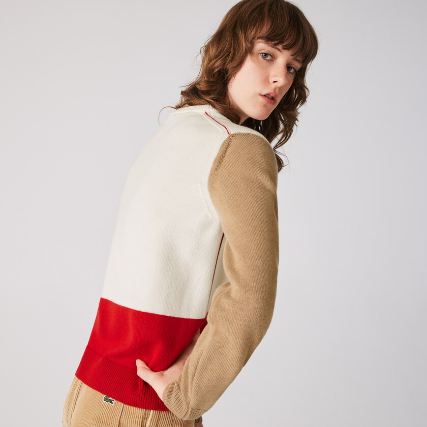 Suéteres Lacoste Made in France Crew Neck Colourblock Wool Mujer Rojos Blancos Beige | LD3-60226R6