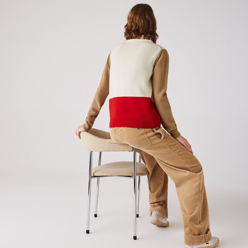 Suéteres Lacoste Made in France Crew Neck Colourblock Wool Mujer Rojos Blancos Beige | LD3-60226R6