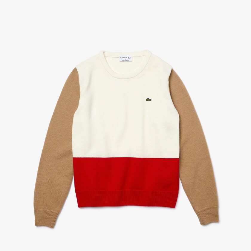 Suéteres Lacoste Made in France Crew Neck Colourblock Wool Mujer Rojos Blancos Beige | LD3-60226R6