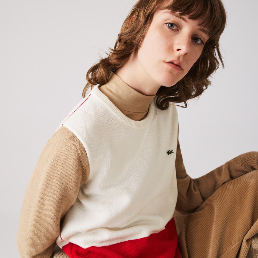 Suéteres Lacoste Made in France Crew Neck Colourblock Wool Mujer Rojos Blancos Beige | LD3-60226R6