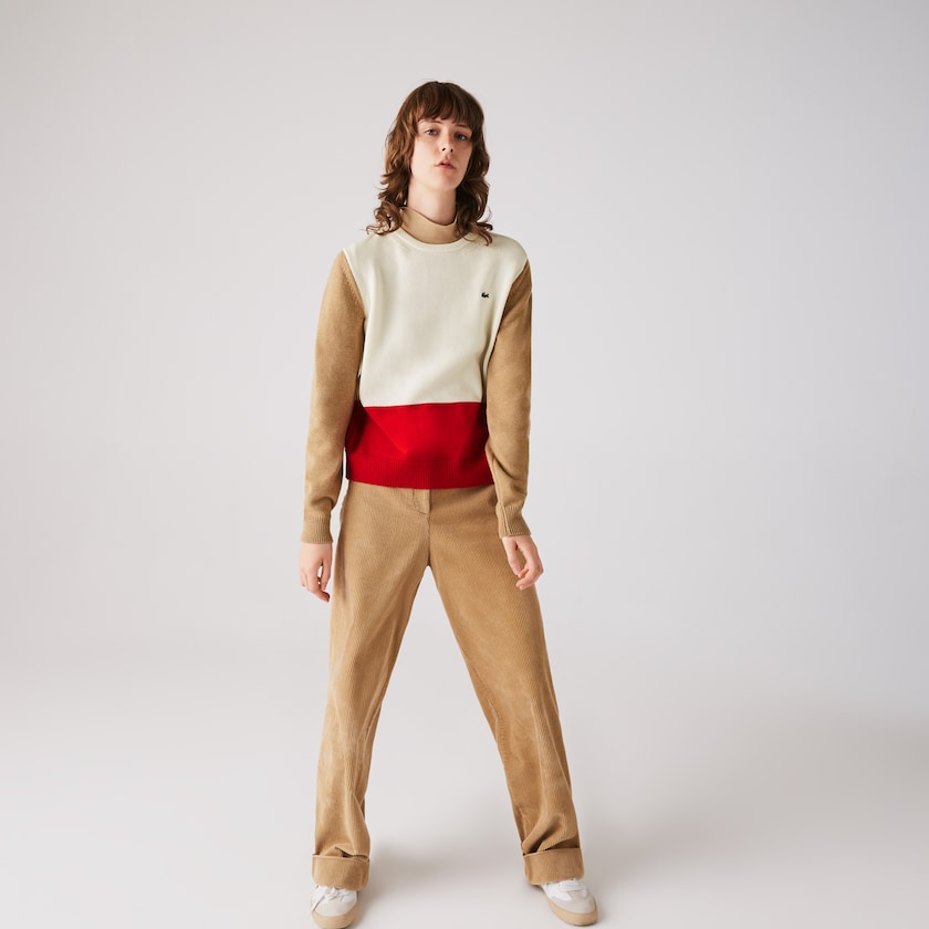 Suéteres Lacoste Made in France Crew Neck Colourblock Wool Mujer Rojos Blancos Beige | LD3-60226R6