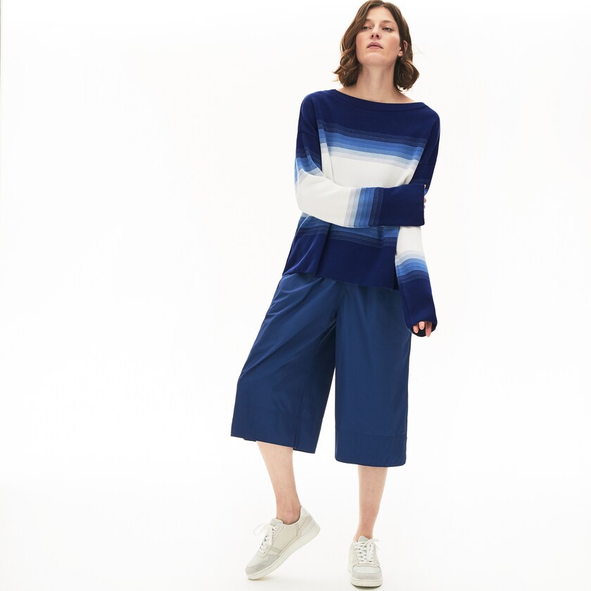 Suéteres Lacoste Made in France Organic Loose Fit Ombré-Stripe Mujer Azul Marino Azules Azules Blancos | QU1-46674Z8