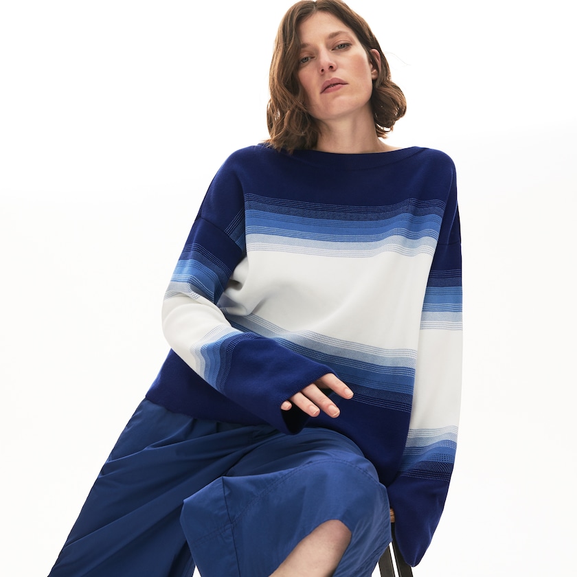 Suéteres Lacoste Made in France Organic Loose Fit Ombré-Stripe Mujer Azul Marino Azules Azules Blancos | QU1-46674Z8
