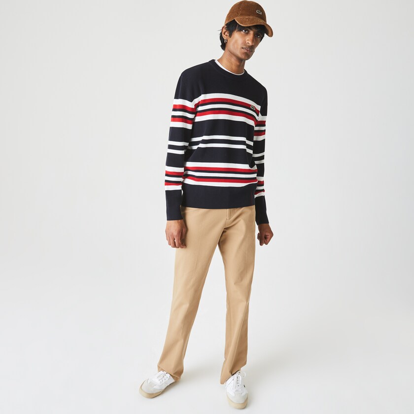 Suéteres Lacoste Made in France Striped Organic Cotton Crew Neck Hombre Azul Marino Azules Blancos Rojos | PK1-50225K0