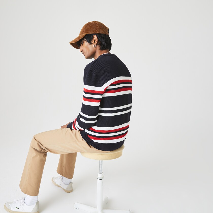 Suéteres Lacoste Made in France Striped Organic Cotton Crew Neck Hombre Azul Marino Azules Blancos Rojos | PK1-50225K0