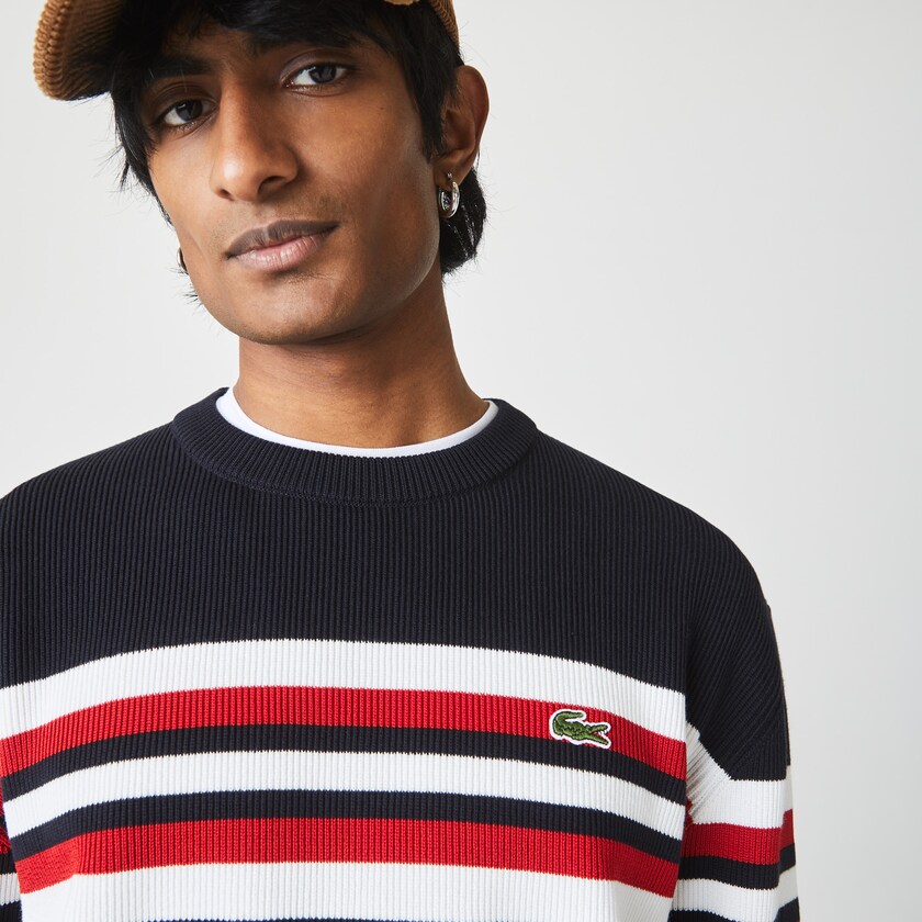 Suéteres Lacoste Made in France Striped Organic Cotton Crew Neck Hombre Azul Marino Azules Blancos Rojos | PK1-50225K0