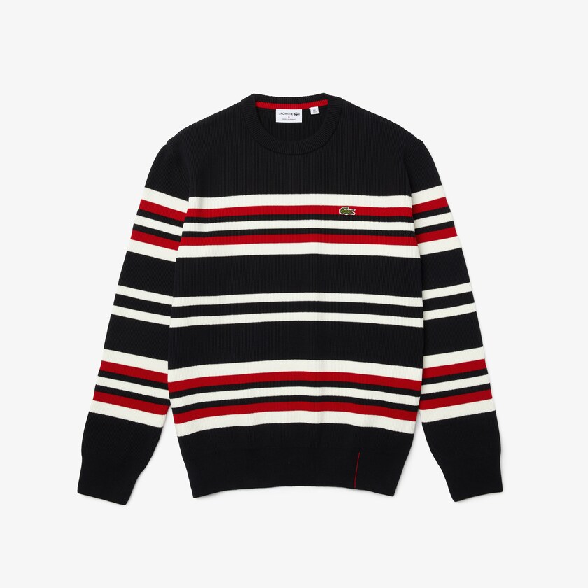 Suéteres Lacoste Made in France Striped Organic Cotton Crew Neck Hombre Azul Marino Azules Blancos Rojos | PK1-50225K0