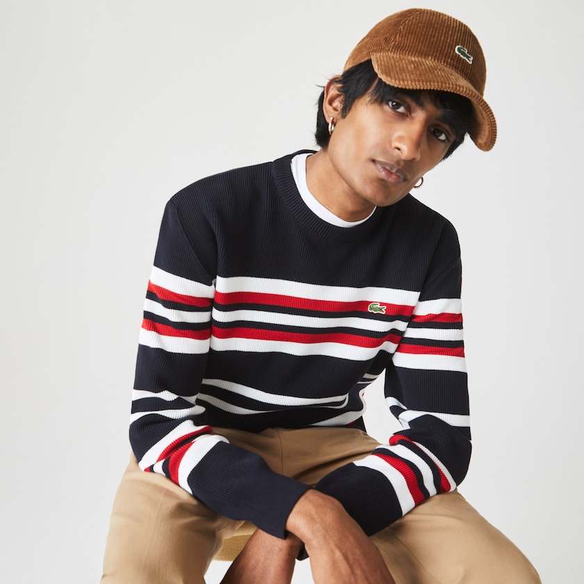 Suéteres Lacoste Made in France Striped Organic Cotton Crew Neck Hombre Azul Marino Azules Blancos Rojos | PK1-50225K0
