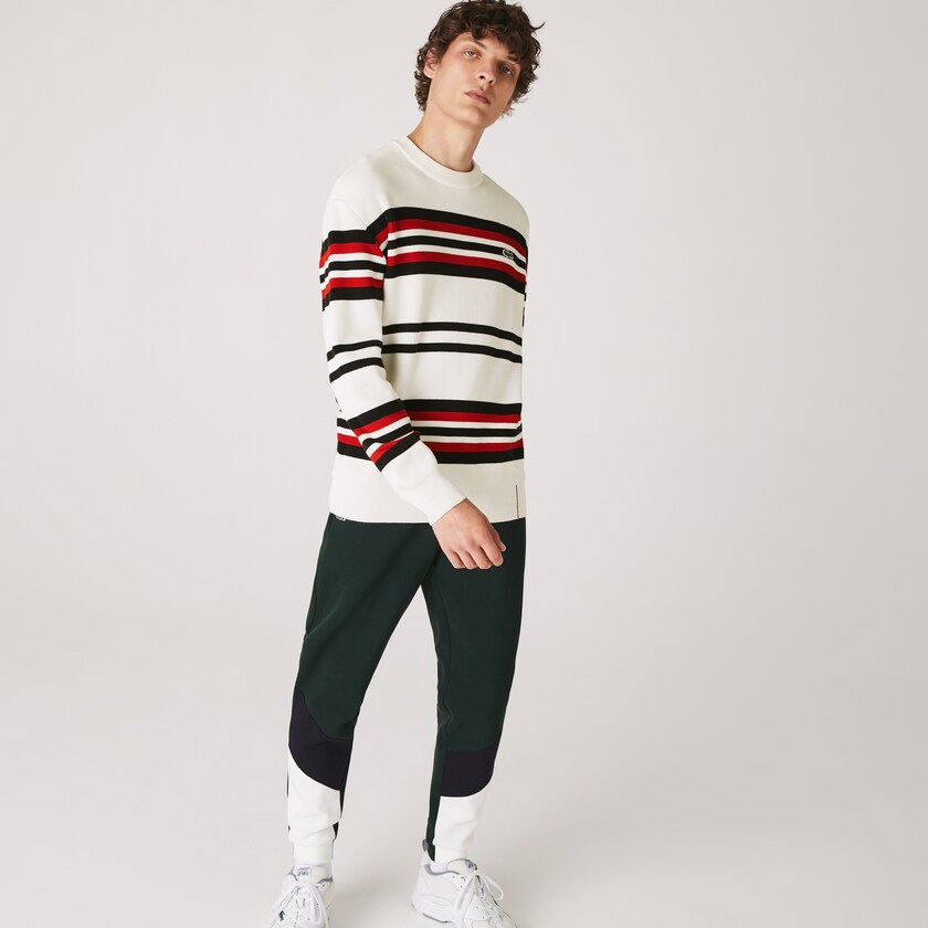 Suéteres Lacoste Made in France Striped Organic Cotton Crew Neck Hombre Blancos Azul Marino Azules Rojos | YU2-31263G3