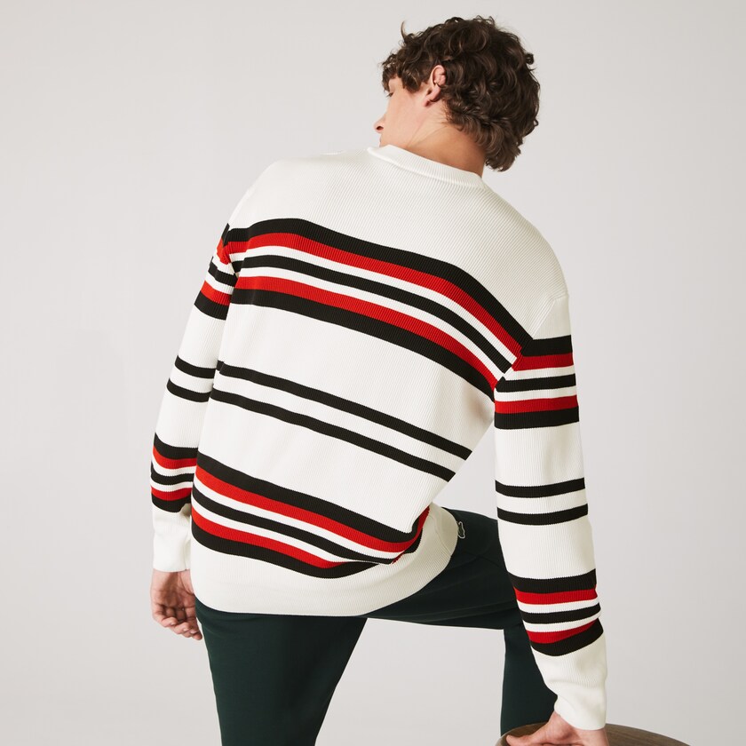 Suéteres Lacoste Made in France Striped Organic Cotton Crew Neck Hombre Blancos Azul Marino Azules Rojos | YU2-31263G3
