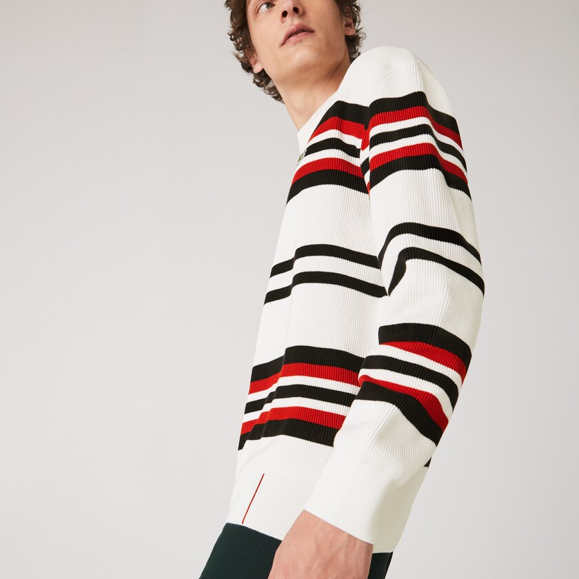 Suéteres Lacoste Made in France Striped Organic Cotton Crew Neck Hombre Blancos Azul Marino Azules Rojos | YU2-31263G3