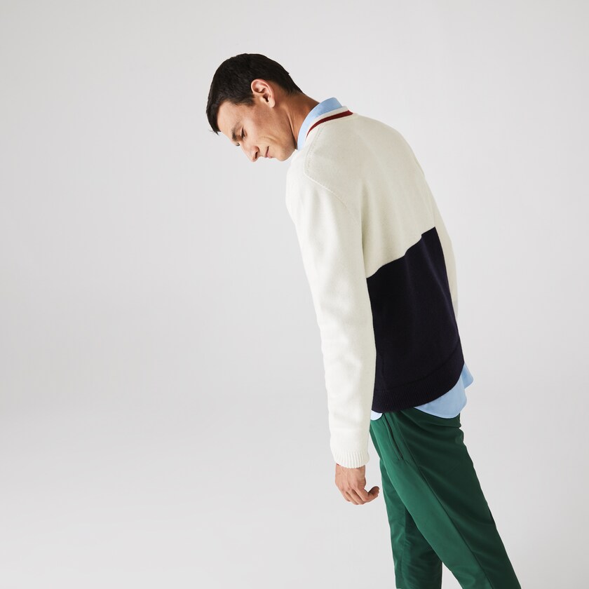 Suéteres Lacoste Made in France Two-Tone Wool V-Neck Hombre Azul Marino Azules Blancos Rojos Oscuro | OX0-43624H9