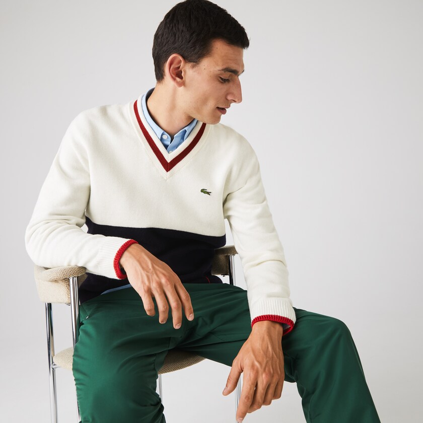 Suéteres Lacoste Made in France Two-Tone Wool V-Neck Hombre Azul Marino Azules Blancos Rojos Oscuro | OX0-43624H9