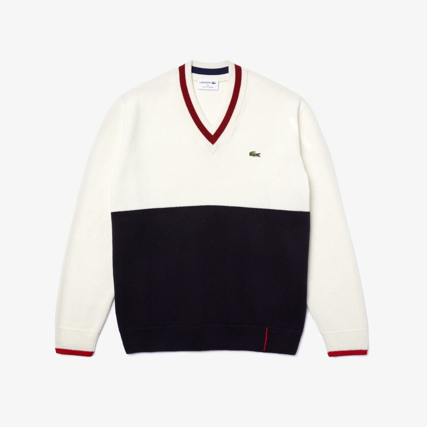 Suéteres Lacoste Made in France Two-Tone Wool V-Neck Hombre Azul Marino Azules Blancos Rojos Oscuro | OX0-43624H9