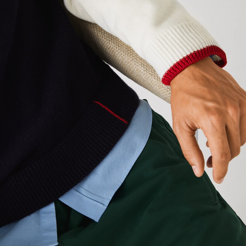 Suéteres Lacoste Made in France Two-Tone Wool V-Neck Hombre Azul Marino Azules Blancos Rojos Oscuro | OX0-43624H9