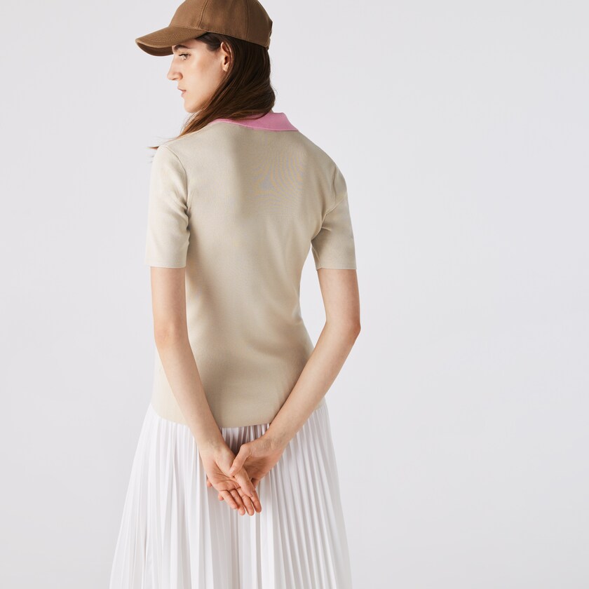 Suéteres Lacoste Polo Collar Two-Tone Cotton Mujer Beige Rosas Rojos | ZO5-38553Y5