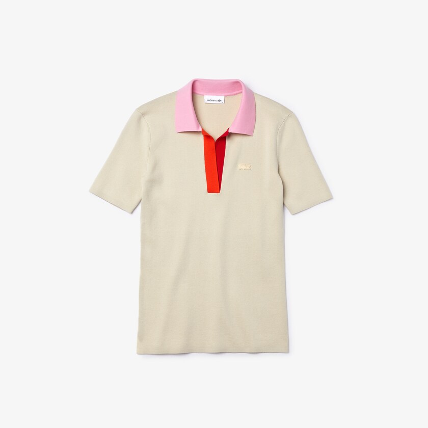 Suéteres Lacoste Polo Collar Two-Tone Cotton Mujer Beige Rosas Rojos | ZO5-38553Y5